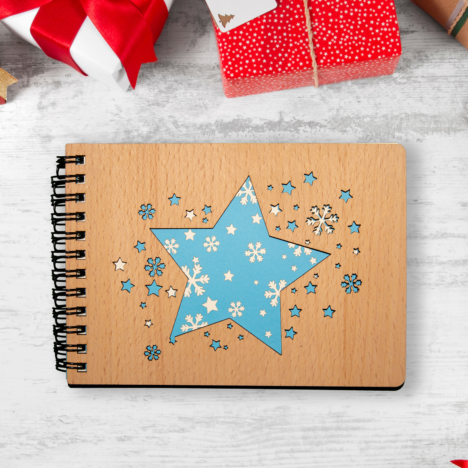 LINPOPUP LINPOPUP®, notebook, refillable notebook, ring binder, blank wooden christmas stars, notebook wooden cover, christmas stars