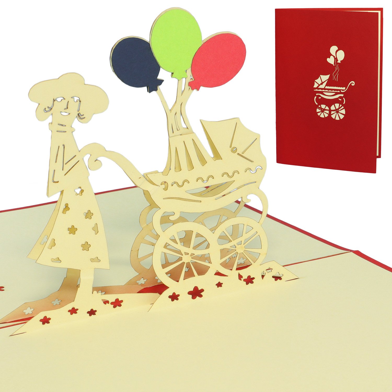 LINPOPUP Pop Up 3D Card, Birth Card, Congratulations on Birth, Stroller Baby Mother, LINPopUp®, N94