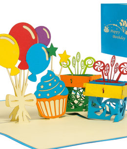 LINPOPUP Pop Up Karte, 3D Karte, Happy Birthday, Luftballons, Geschenk, Geburtstagstorte, N37