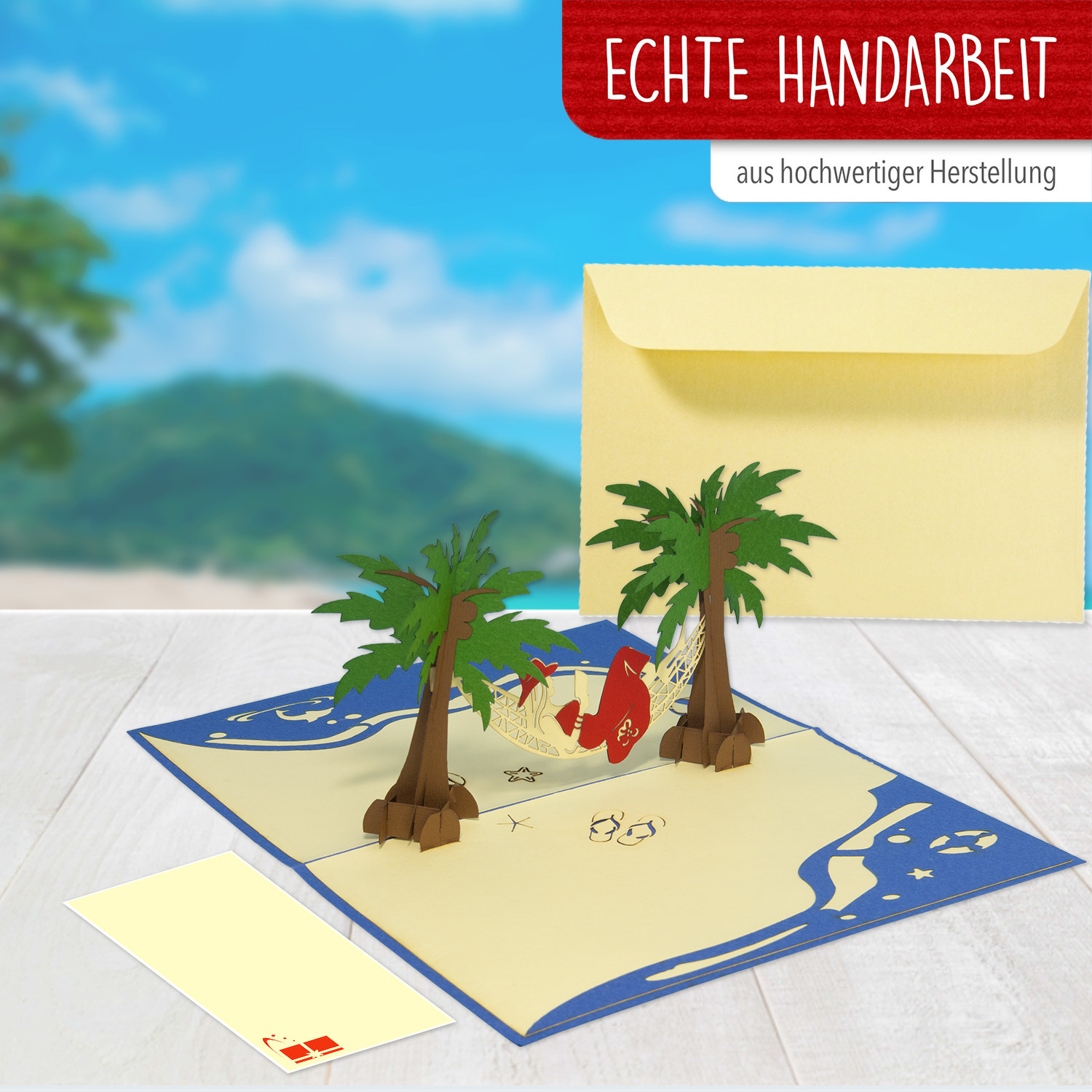 LINPOPUP LINPOPUP®, LIN17783, Pop Up Karte Urlaub, Geburtstag Meer, 3D Gutschein-Karte - Geschenkgutschein für Urlaub, Reise Erlebnis-Geschenk - Geburtstags-Karte - Klapp-Karte, Hängematte Wellness Dame, N43