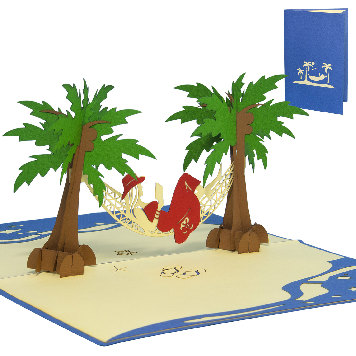 LINPOPUP LINPOPUP®, LIN17783, Pop Up Karte Urlaub, Geburtstag Meer, 3D Gutschein-Karte - Geschenkgutschein für Urlaub, Reise Erlebnis-Geschenk - Geburtstags-Karte - Klapp-Karte, Hängematte Wellness Dame, N43