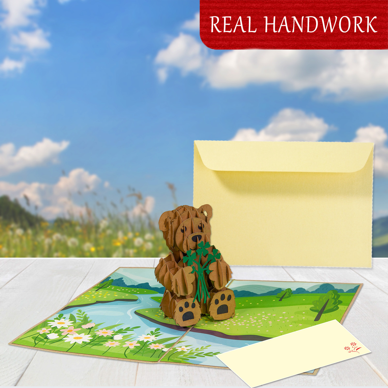 LINPOPUP LINPopUp, pop-up card bear, 3D card, greetings card for a birthday, good luck, pop-up card nature, bear by the river, N78