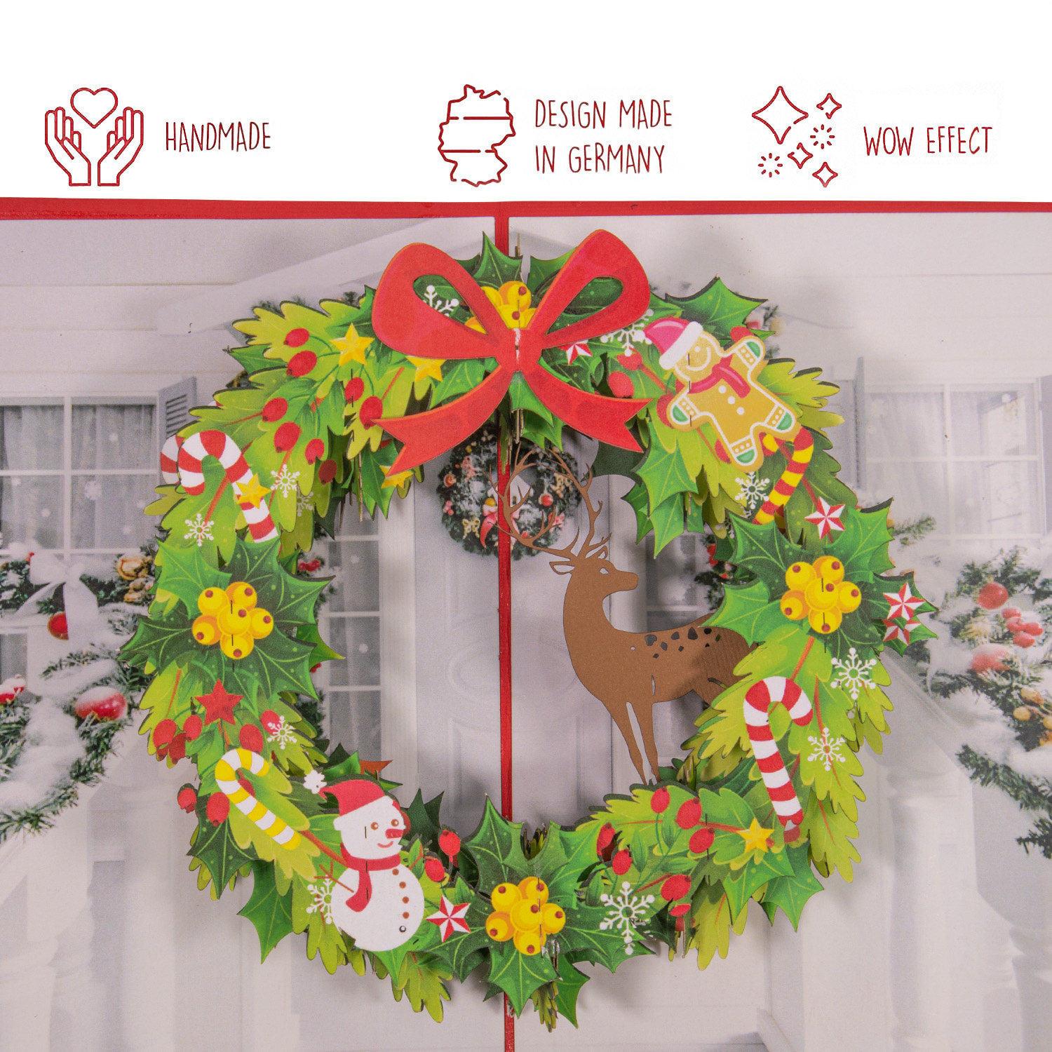 LINPOPUP LINPopUp, Pop-Up Karte Weihnachten, Weihnachtskranz - Tür - Hirsch - Karte, 3d Weihnachtskarte, Geschenkkarte zum Weihnachtsfest, N433