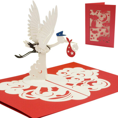 LINPOPUP Pop Up 3D Karte Deluxe, Geburtskarte, Glückwunsch zur Geburt, Klapperstorch, LIN17404, LINPopUp®, N709