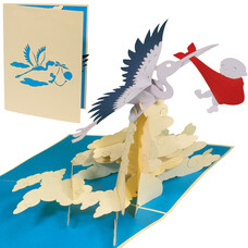 LINPOPUP Pop up card birth, 3D card, stork with baby