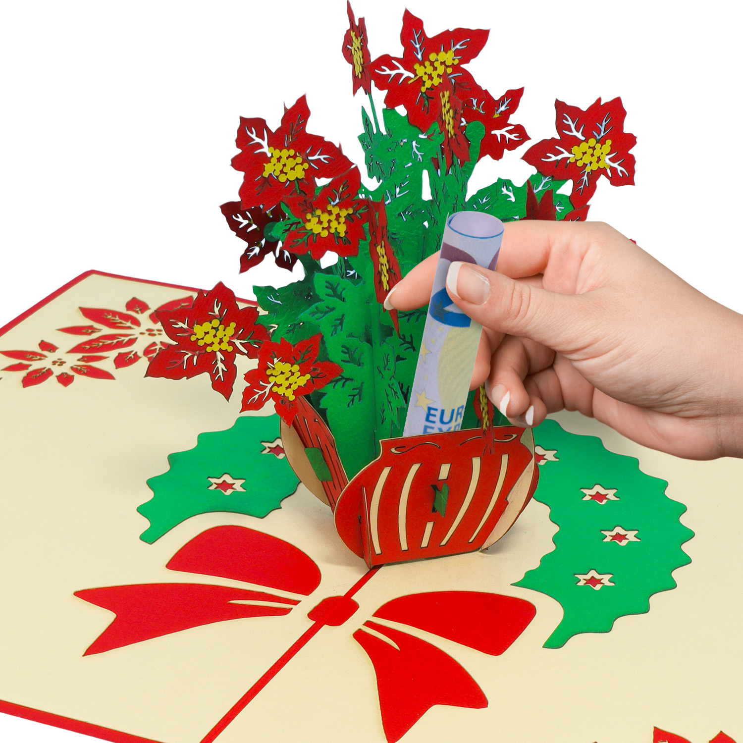 LINPOPUP Pop Up 3D Karte, Weihnachtskarte, Glückwunschkarte, Weihnachtsblumen, Weihnachtsstern, LIN17661, LINPopUp®, N456