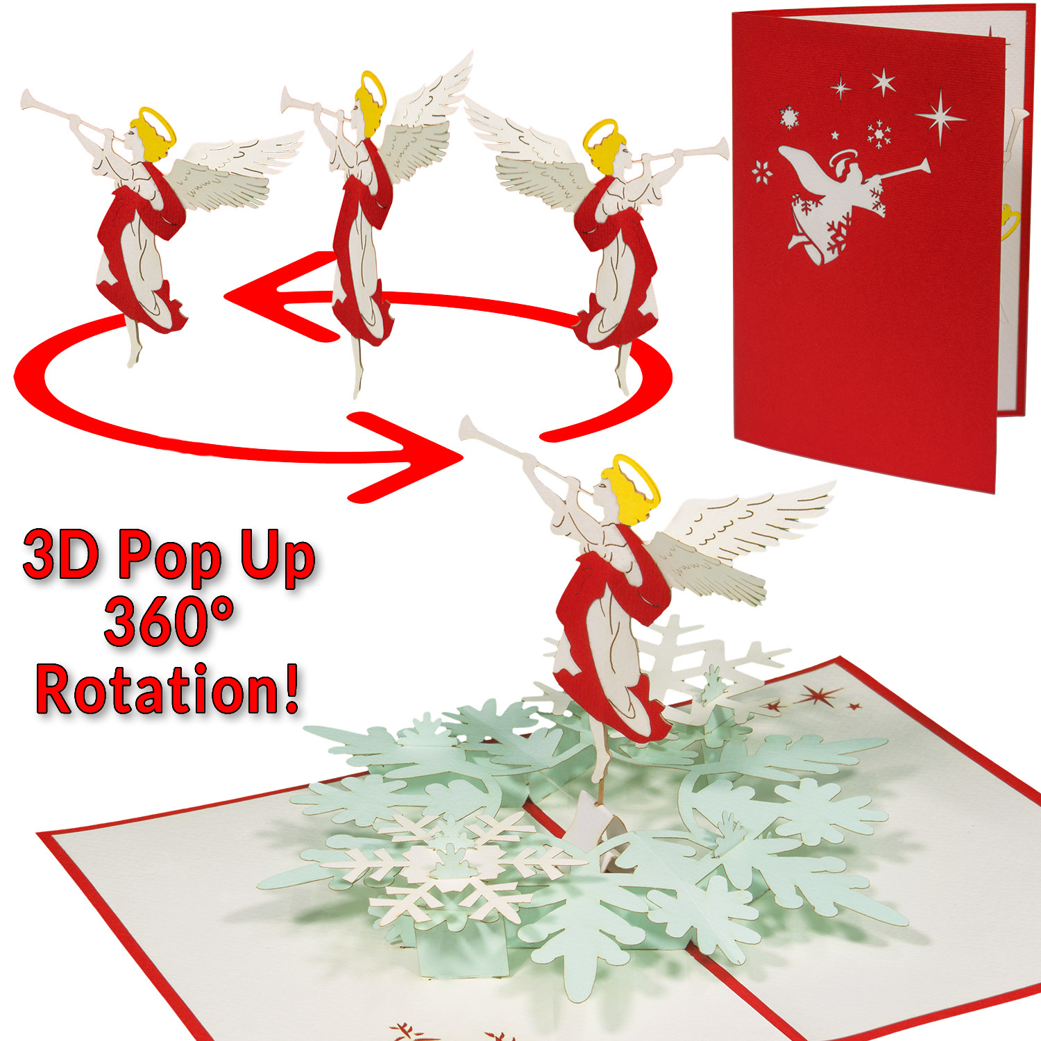 LINPOPUP Pop-Up Karte Weihnachten, Weihnachtskarte, LINPopUp®, LIN17827, Weihnachtsgeschenk, Rotierender Engel mit Flöte, N462