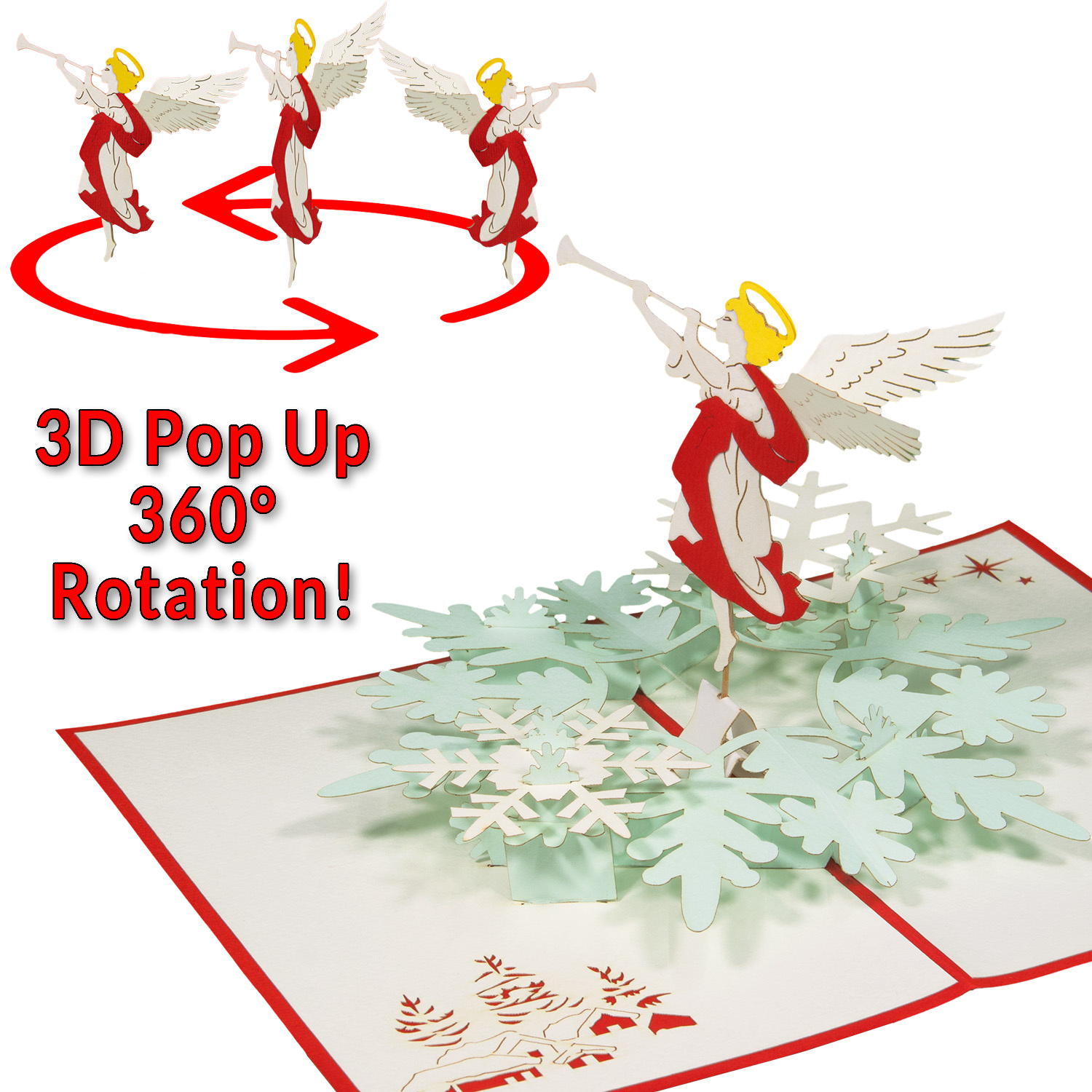 LINPOPUP Pop-Up Karte Weihnachten, Weihnachtskarte, LINPopUp®, LIN17827, Weihnachtsgeschenk, Rotierender Engel mit Flöte, N462