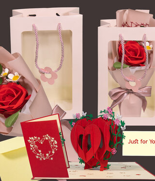 LINPOPUP Valentinstag Geschenk, LINPopUp Karte und Rose mit Tüte, 3D Herz