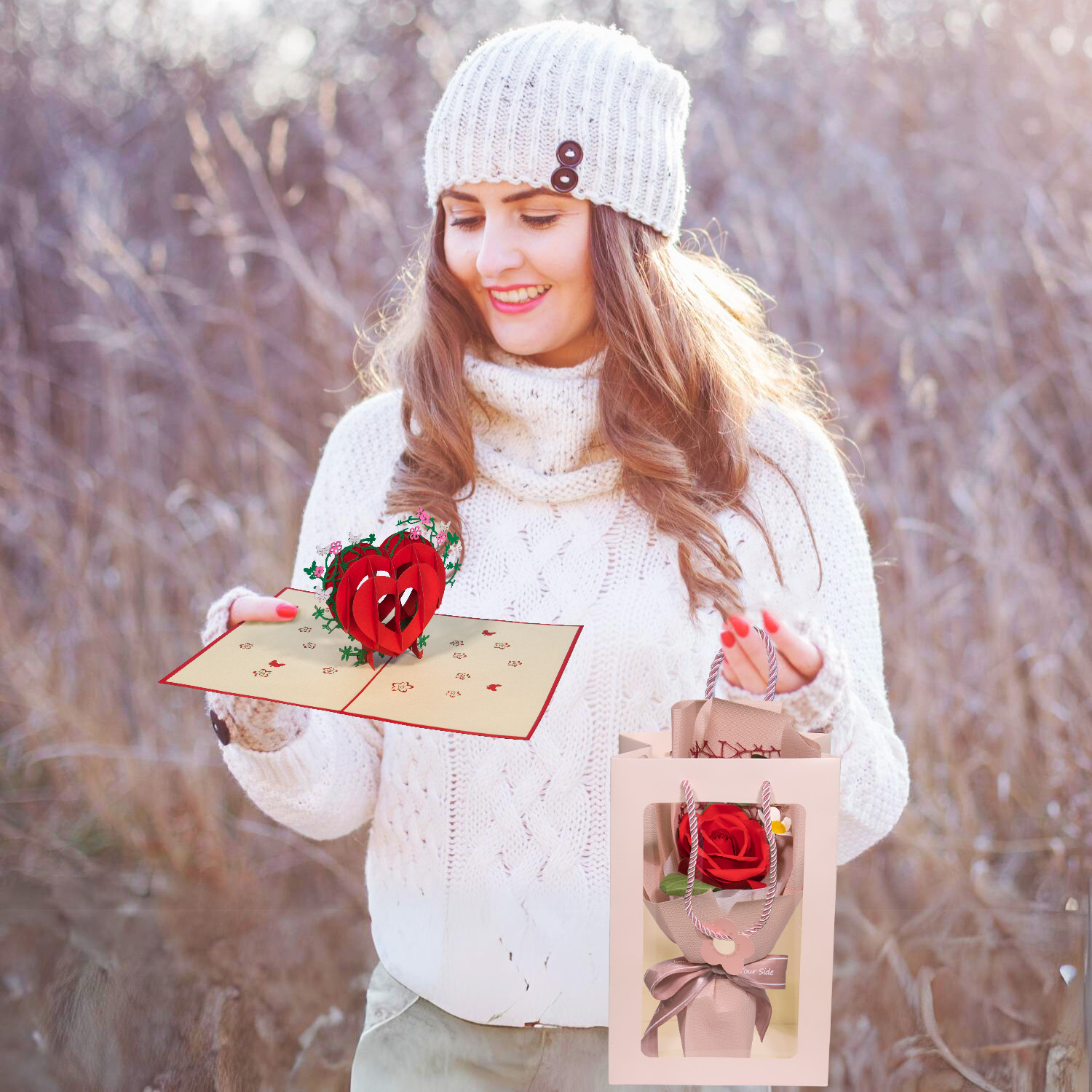 LINPOPUP Valentinstag Geschenk, LINPOPUP Liebes Geschenk Valentinstag oder für Jahrestag und Hochzeitstag – Handgemachte Ewige Rose mit 3D - Pop - Up Karte Herz aus hochwertigem Papier in einer exklusiven Tüte