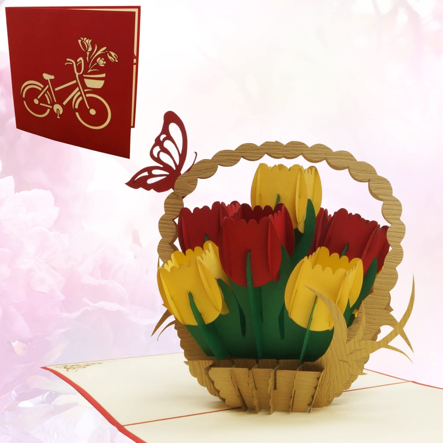 LINPOPUP Pop Up 3D Card, Birthday Card, Greeting Card Mother's Day, Tulips, Tulip Basket, LIN17573, LINPopUp®, N322