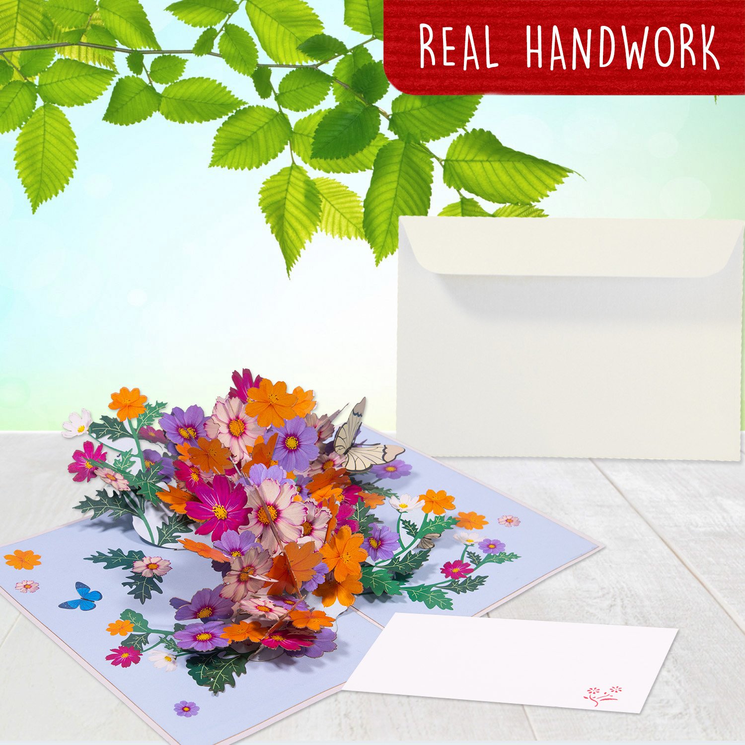 LINPOPUP Pop up card flowers, flower card, flower bouquet pop-up, greeting cards flowers, 3D folding card, Mother's Day card, farewell, birthday card, get well soon, flower meadow with butterflies, LIN17833, LINPopUp®, N190