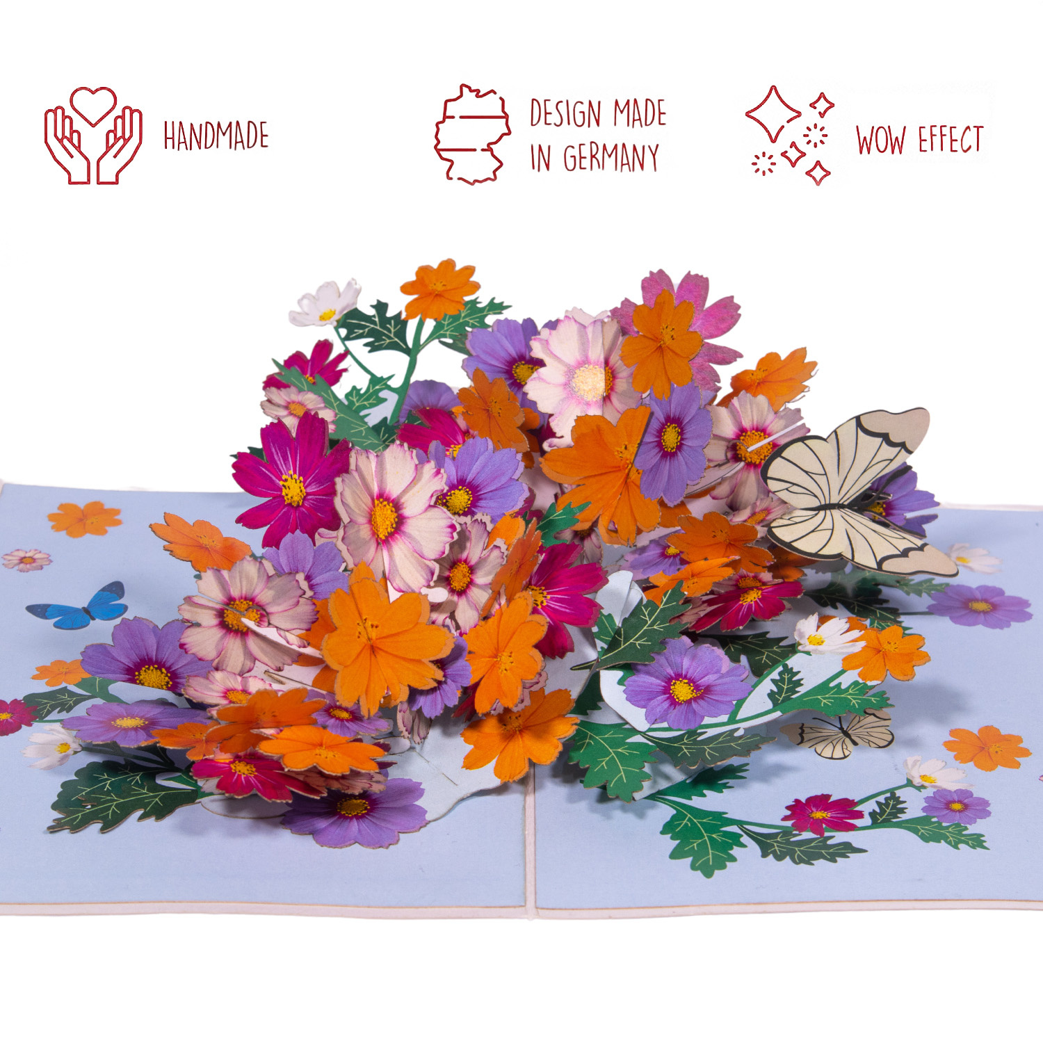 LINPOPUP Pop up card flowers, flower card, flower bouquet pop-up, greeting cards flowers, 3D folding card, Mother's Day card, farewell, birthday card, get well soon, flower meadow with butterflies, LIN17833, LINPopUp®, N190