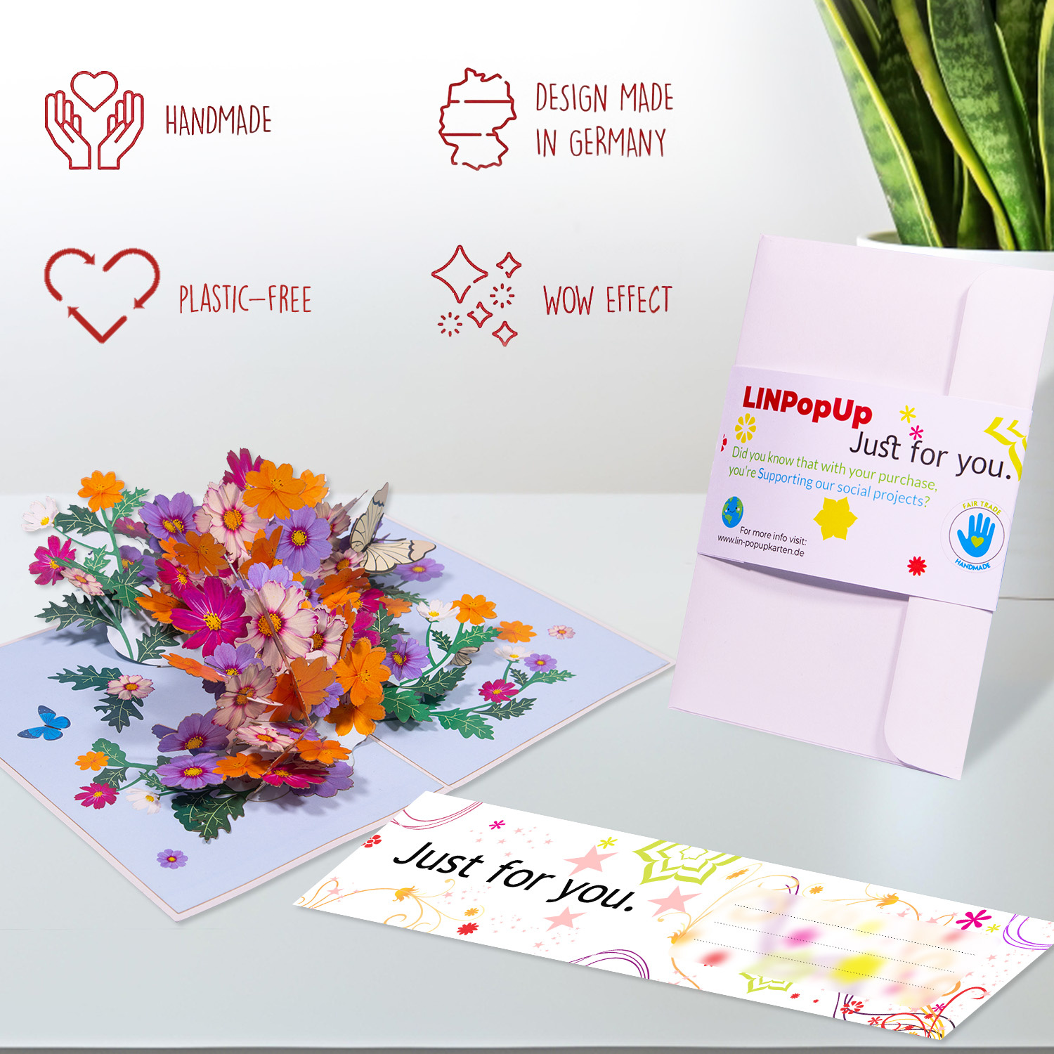 LINPOPUP Pop up card flowers, flower card, flower bouquet pop-up, greeting cards flowers, 3D folding card, Mother's Day card, farewell, birthday card, get well soon, flower meadow with butterflies, LIN17833, LINPopUp®, N190