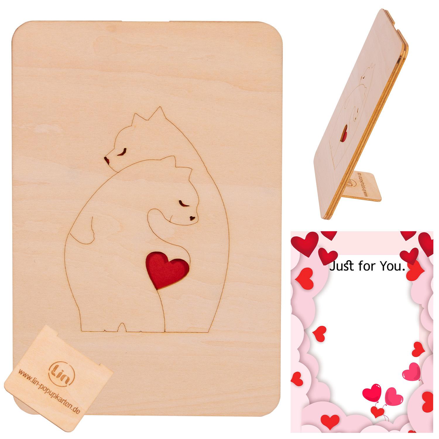 MagicWood Wooden card - Wooden greetings card with stand and notepad as a love card, anniversary card, friendship card, Mother's Day card, Father's Day card, gift card, We love each other, bears