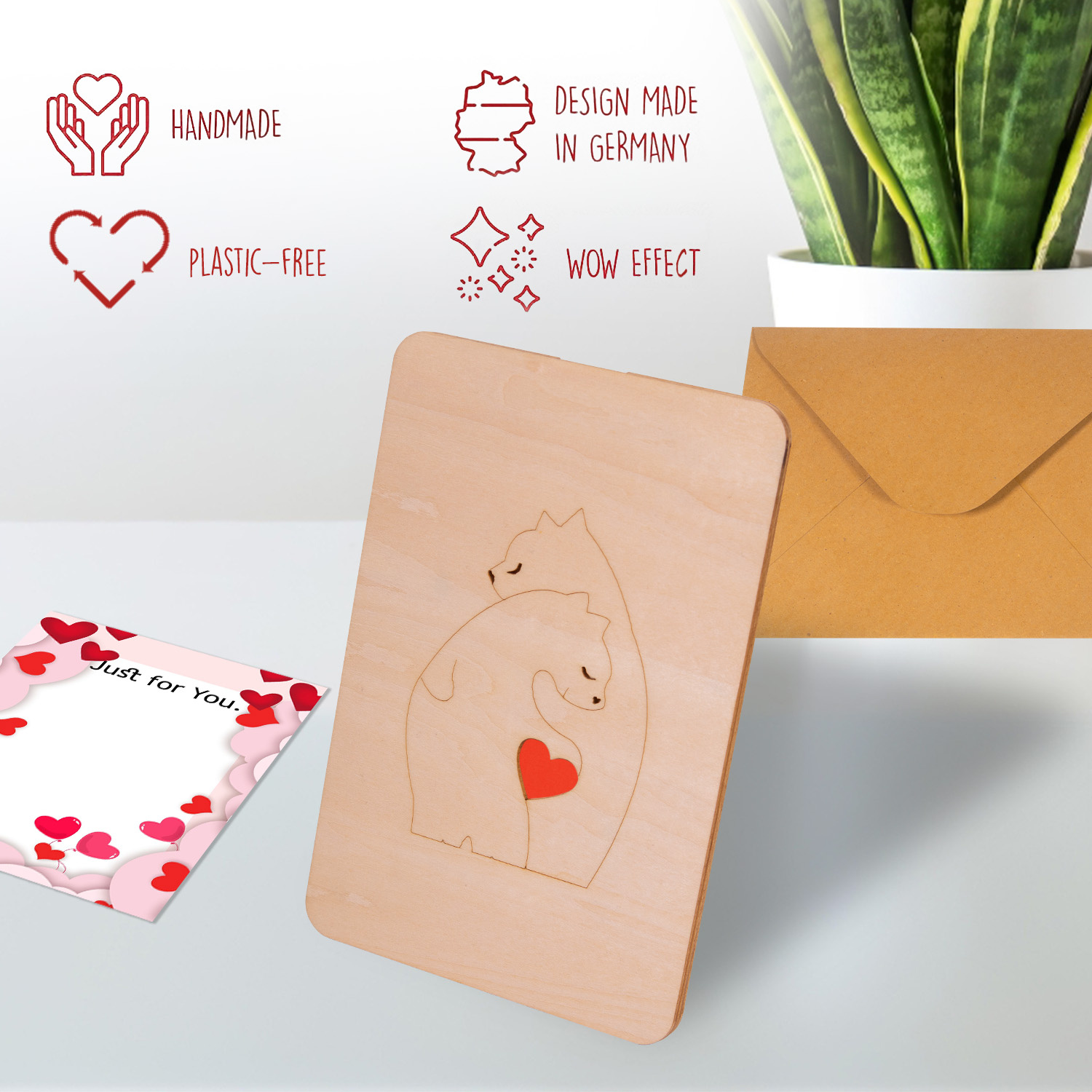 MagicWood Wooden card - Wooden greetings card with stand and notepad as a love card, anniversary card, friendship card, Mother's Day card, Father's Day card, gift card, We love each other, bears