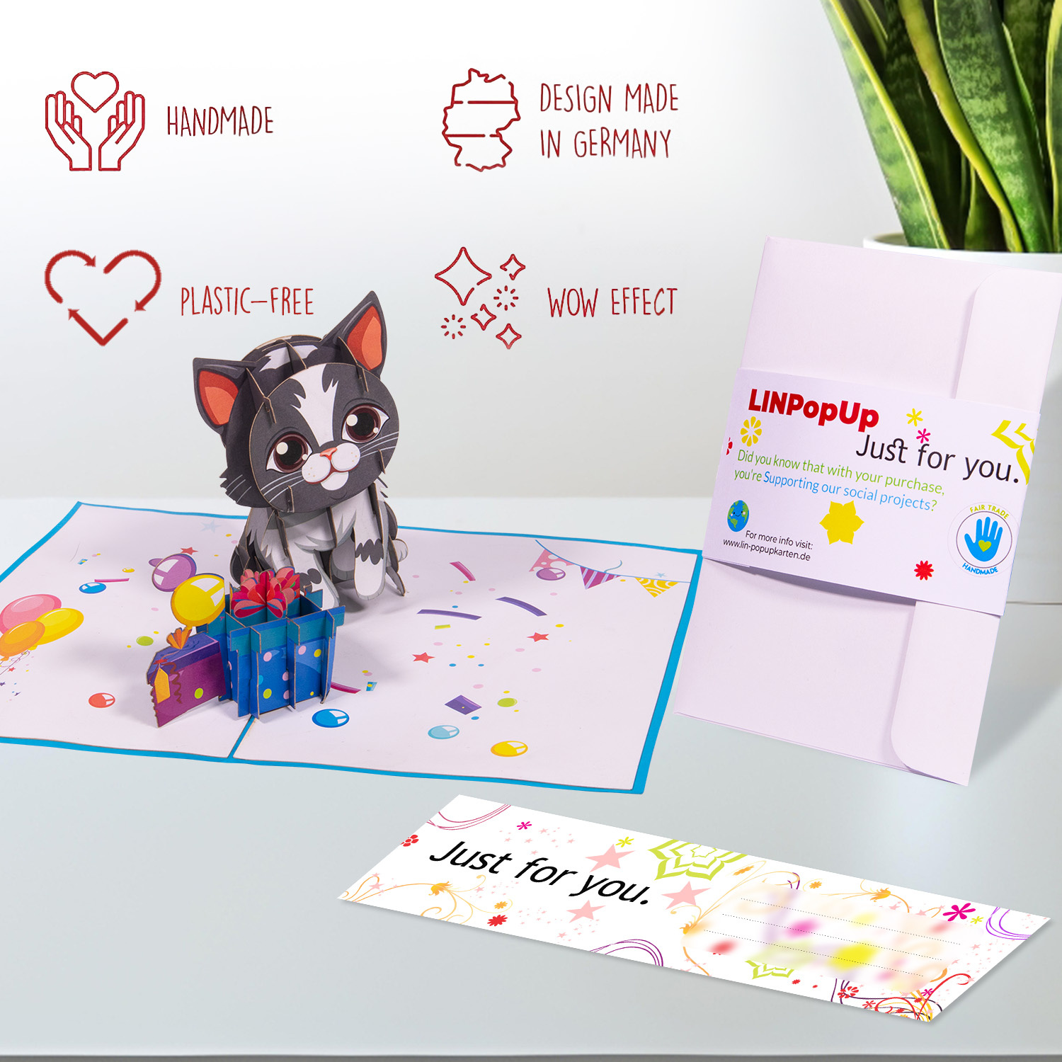 LINPOPUP Pop up card cat, 3D birthday card with envelope, greeting card woman with cat motif, gift card, gift cat lover, children's birthday girl, N291