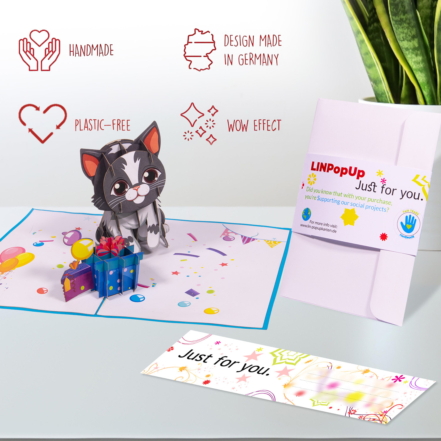 LINPOPUP Pop Up Karte Katze, 3D Geburtstagskarte mit Umschlag, Glückwunschkarte Frau mit Katzenmotiv, Gutscheinkarte, Geschenk Katzenliebhaber, Kindergeburtstag Mädchen, N291