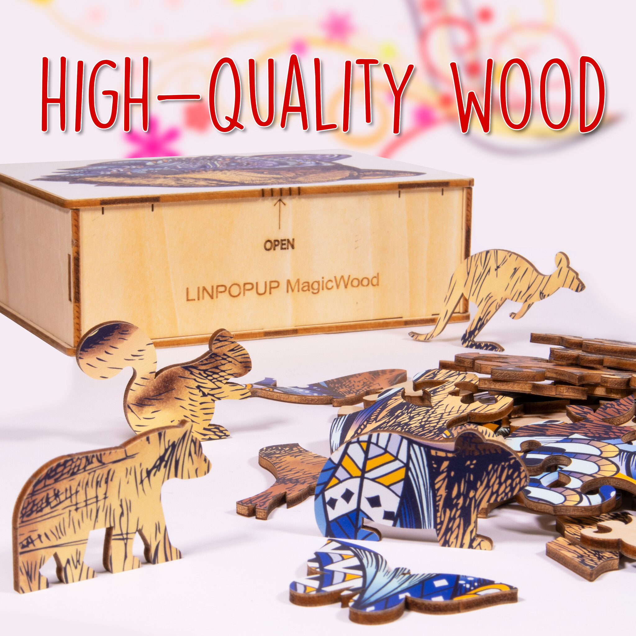 MagicWood Holzpuzzle für Erwachsene und Kinder, mit einzigartigen Tierform Puzzleteile, mit hochwertigem Geschenkbox aus Holz, als Geschenk zum Geburtstag, zur Einschulung, Holz Puzzle Wolf, N001
