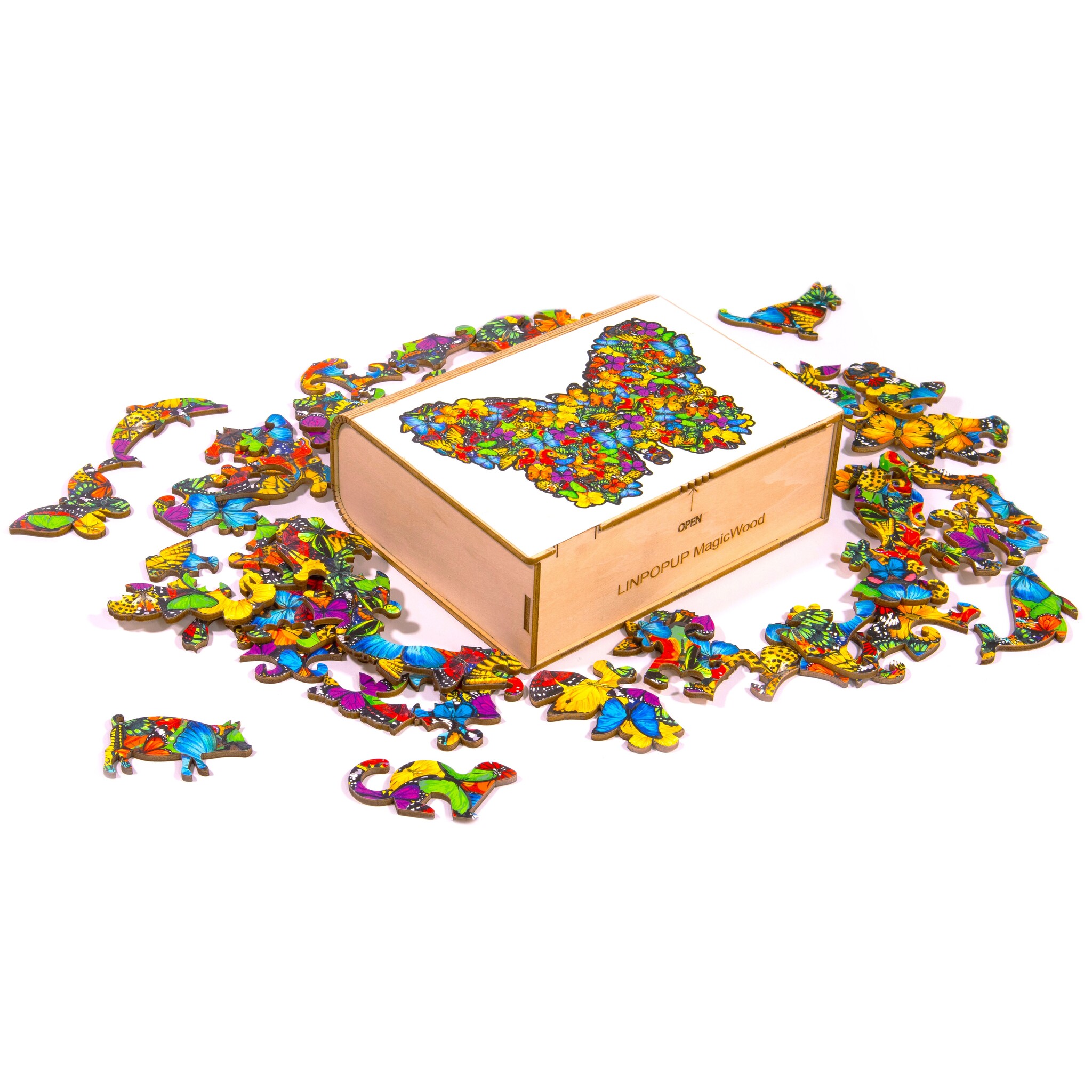 MagicWood Holzpuzzle für Erwachsene und Kinder, mit einzigartigen Tierform Puzzleteile, mit hochwertigem Geschenkbox aus Holz, als Geschenk zum Geburtstag, zur Einschulung, Holz Puzzle Hund, Schmetterling, N003