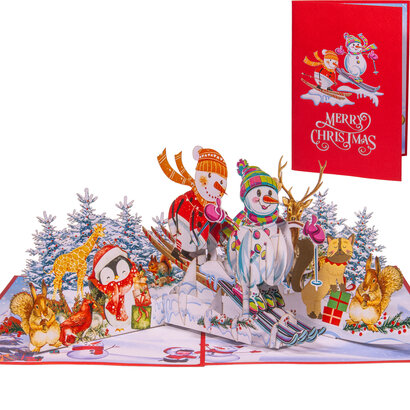 LINPopUp® Weihnachtskarte 3D – Handgemachte Pop-Up Karte mit Weihnachtsmotiv – Grußkarte mit Umschlag – Geschenkidee zu Weihnachten, Schneemann & Ski, N464