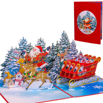 LINPOPUP® 3D Christmas card – Handmade pop-up card with Christmas motif – Greeting card with envelope – Gift idea for Christmas, Santa Claus in the forest with reindeer & sleigh, N466