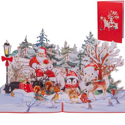 LINPopUp® Weihnachtskarte 3D – Handgemachte Pop-Up Karte mit Weihnachtsmotiv – Grußkarte mit Umschlag – Geschenkidee zu Weihnachten, Weihnachtsmann Nikolaus Rentier Hund Katze im Park, N461