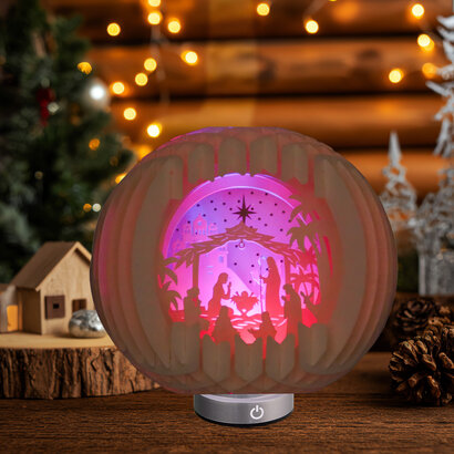3D Pop-Up Weihnachtskrippe aus Papier – Faltbare Rundkarte mit filigraner Laser-Cut Krippenszene – Deko, Geschenk zu Weihnachten inklusive Umschlag
