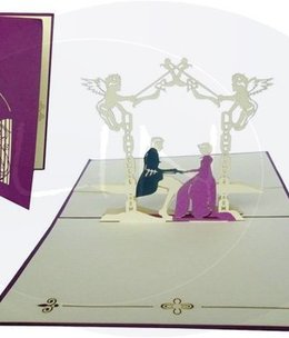 Pop Up Karte, 3D Karte, Hochzeitskarte, Brautpaar im Schlossgarten, lila