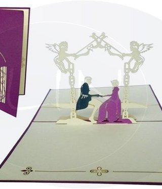 Pop Up Card, 3D Card, Wedding Card, Bride and Groom in the Castle Garden, Purple