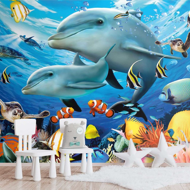 Diep in de zee Dolfijn - Schildpad - Vissen - Koraal - Fotobehang 384 x 260 cm Vlies