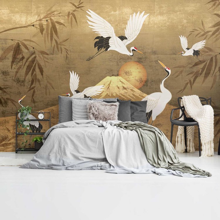 Kraanvogels Japan Roodkroon Tsuru Kunst Fotobehang Goud REINDERS!