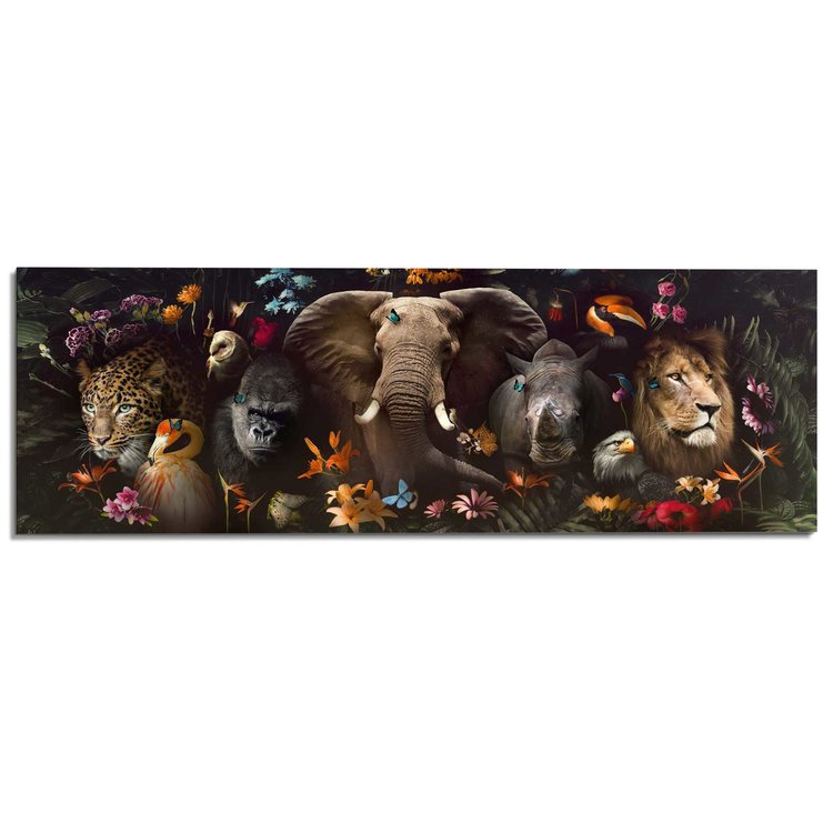 Jungle Fantasie Dieren - Bloemen - Wildlife - Schilderij Deco Panel 156 x 52 cm Hout