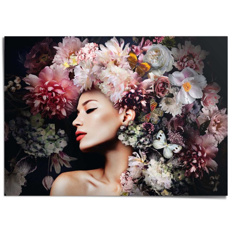 XXL Poster Vrouw met bloemenhoed  Vlinder - Boeket - Romantisch - 140x100 cm