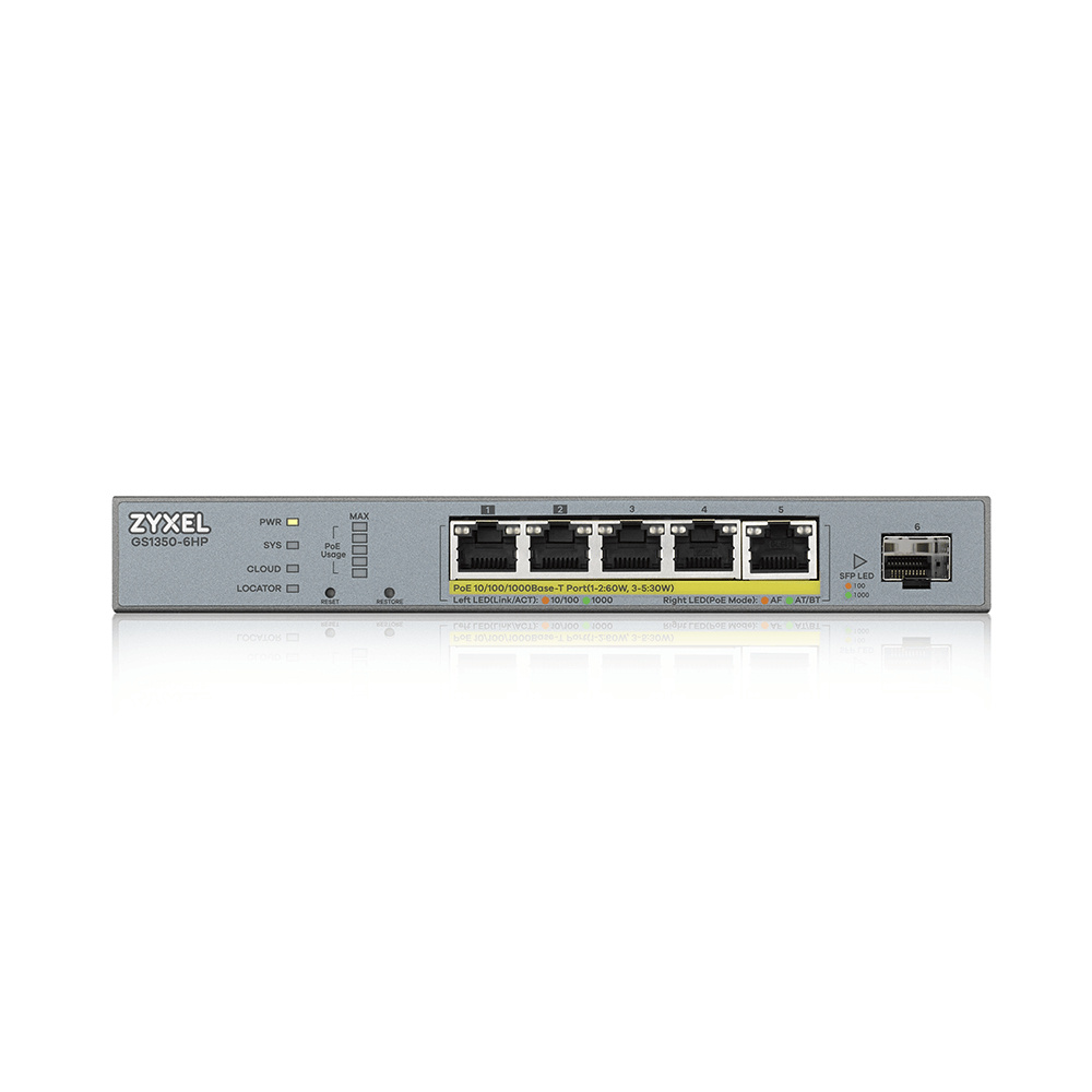 Zyxel Zyxel GS1350-6HP Managed L2 PoE+ Switch - 5x PoE+ (60W), 1x SFP, Nebula Cloud