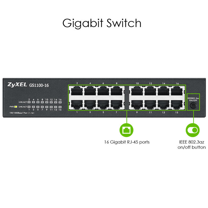 Zyxel Zyxel GS1100-16 16-Poorts Unmanaged Gigabit Switch - Stil & Rackmountable