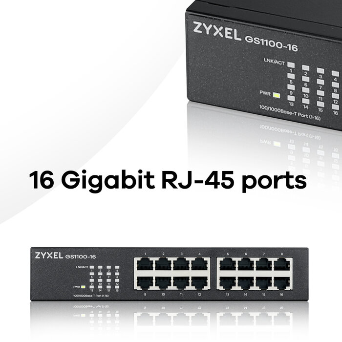 Zyxel Zyxel GS1100-16 16-Poorts Unmanaged Gigabit Switch - Stil & Rackmountable