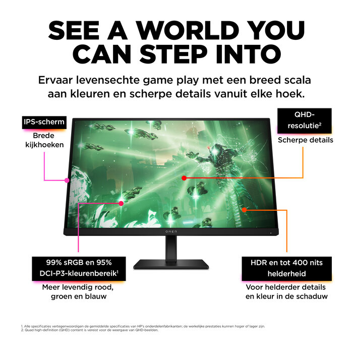 HP Printing & Computing HP OMEN 27q 27 inch QHD Gaming Monitor - 165Hz - 1ms - IPS Paneel - Zwart