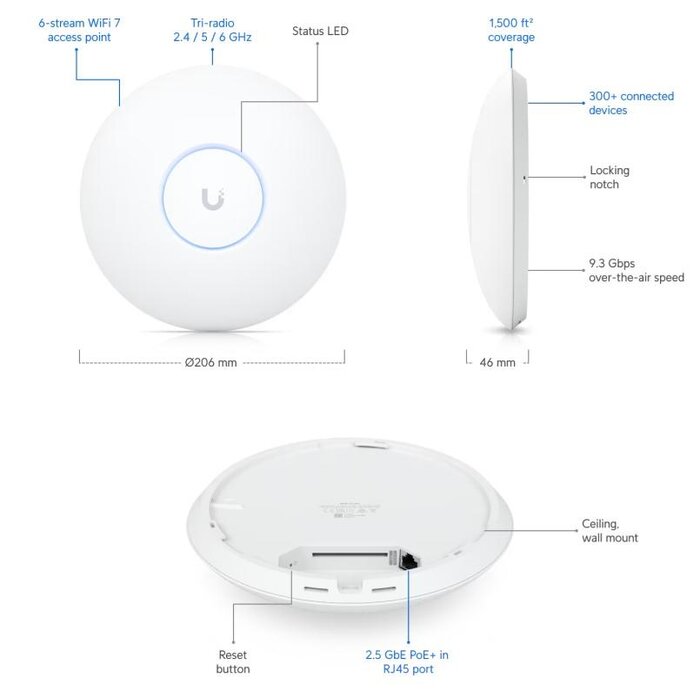 Ubiquiti Ubiquiti UniFi U7 Pro WiFi 7 Access Point 5-Pack - 6 GHz & 2.5 GbE