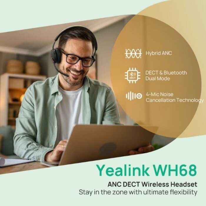 Yealink Yealink WH68 Teams Draadloze DECT & Bluetooth Headset met Active Noise Cancellation