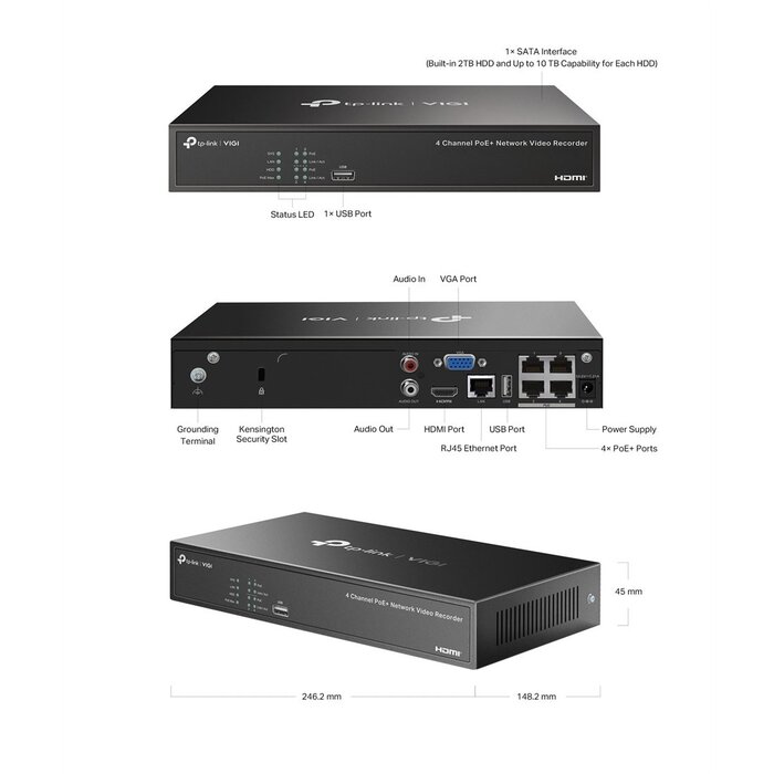 TP-Link TP-Link VIGI 4-kanaals NVR met 4x PoE+ & 2TB HDD (VIGI NVR1004H-4P-2TB)