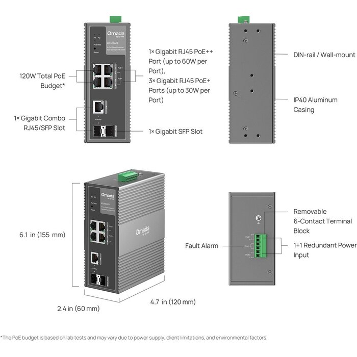 TP-Link TP-Link Omada IES206GPP Managed Industriële 6-Poorts Gigabit Switch (4x PoE+, 2x SFP)