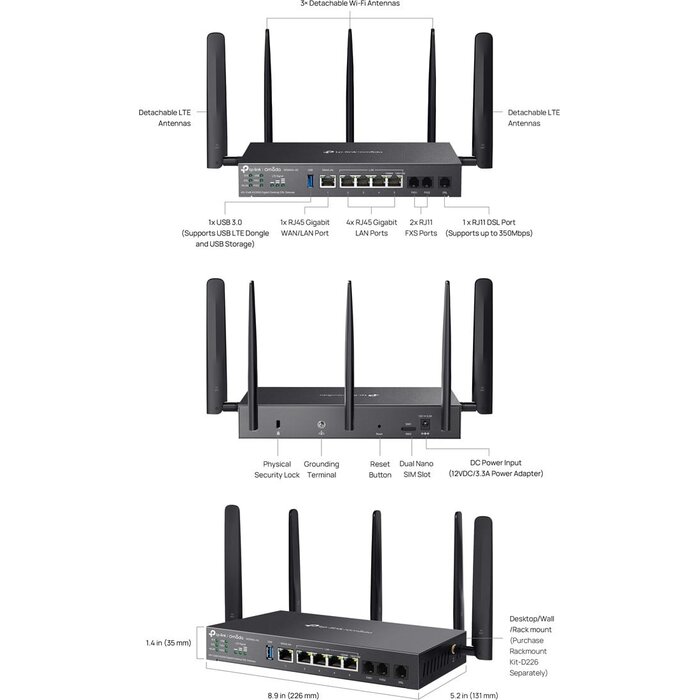 TP-Link TP-Link Omada DR3650v-4G Zakelijke Wi-Fi 6 Router met DSL, VoIP & 4G USB-ondersteuning