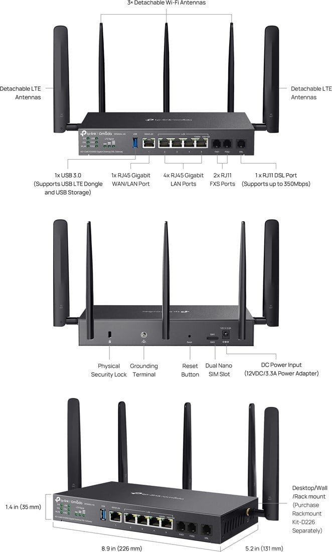 TP-Link TP-Link Omada DR3650v-4G Wi-Fi 6 Router met DSL & VoIP