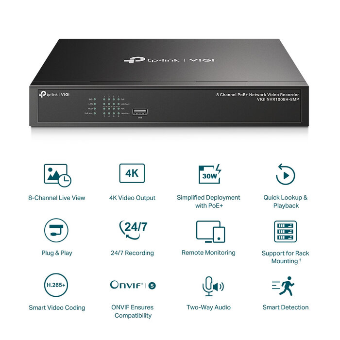 TP-Link TP-Link VIGI NVR1008H-8MP 8-Kanaals 4K NVR met 8x PoE+