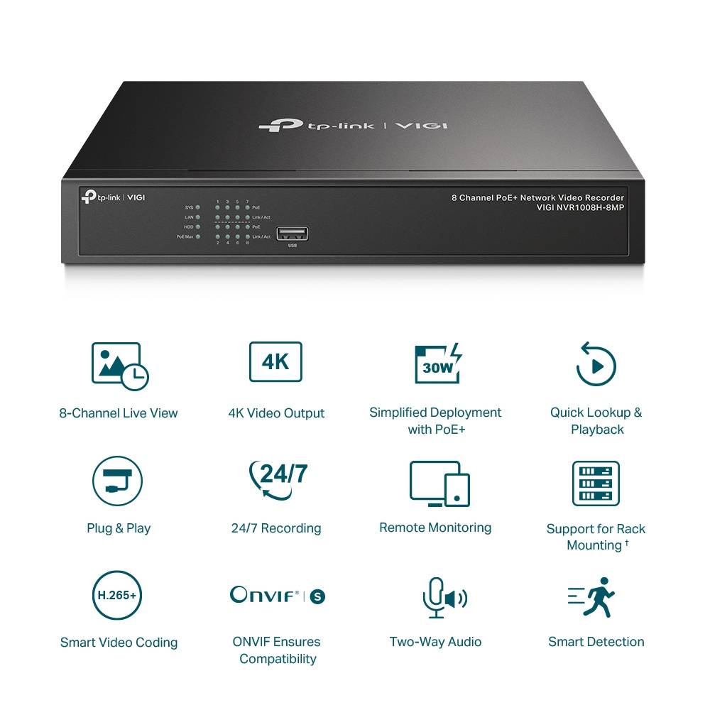TP-Link TP-Link VIGI NVR1008H-8MP 8-Kanaals 4K NVR met 8x PoE+