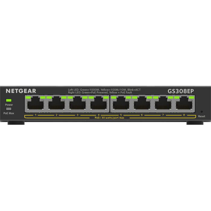 Netgear Netgear GS308EP 8-Poorts Gigabit Managed Plus PoE+ Switch Zwart
