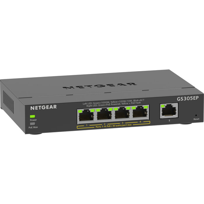 Netgear Netgear GS305EP 5-Poorts Managed Gigabit Switch met 4x PoE+ Zwart