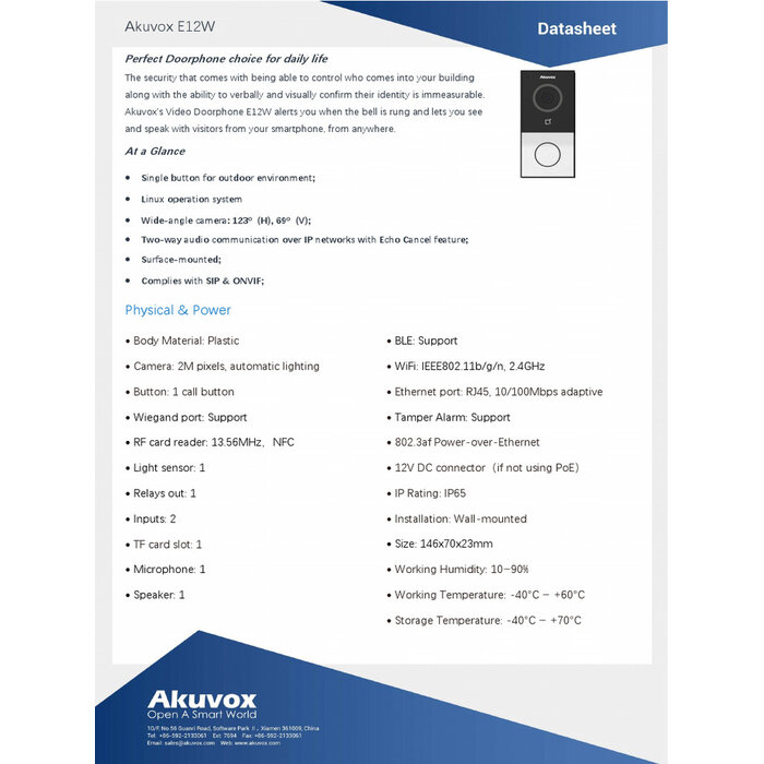 Akuvox Akuvox E12W V2.0 Zwart SIP Video Intercom met Wi-Fi, Bluetooth en RFID - Opbouw