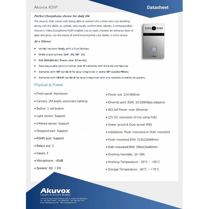 Akuvox Akuvox R26P Inbouw VoIP Video Intercom met 3MP Camera en PoE